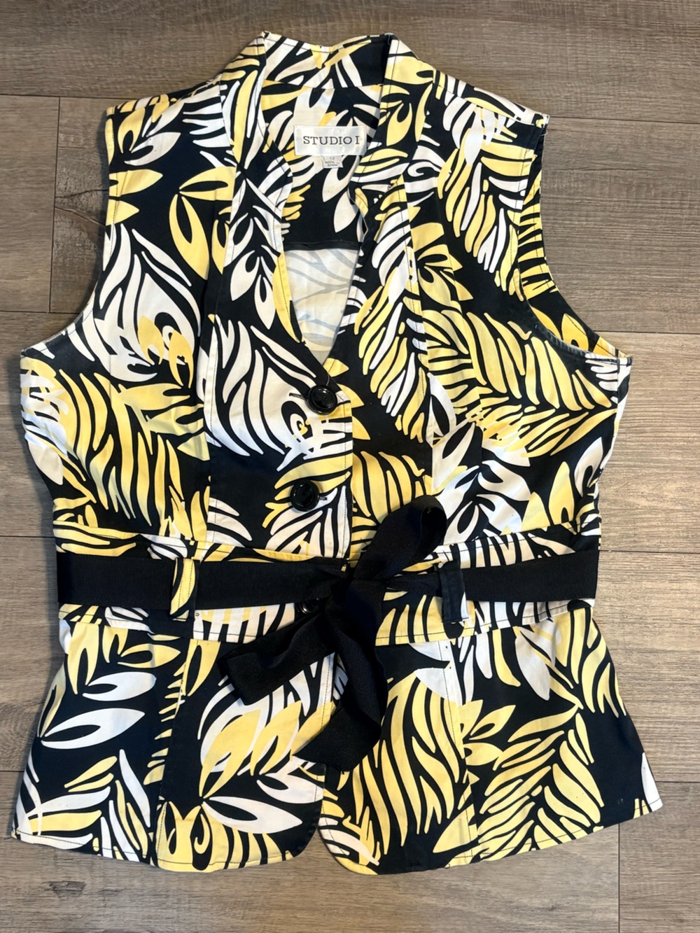 Studio I Womens Tropical Leaf Belted Vest Top Size 12 Yellow Black
